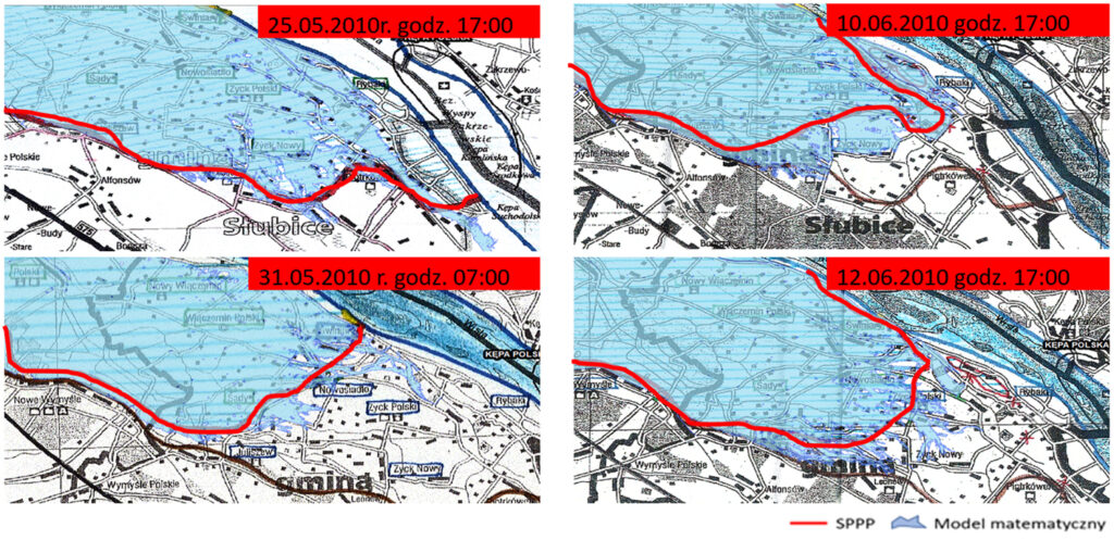Porównanie zasięgu zalewu uzyskanego na podstawie obliczeń modelowych z granicą zasięgu opracowaną przez Samodzielny Pododdział Prewencji Policji w Płocku (SPPP).