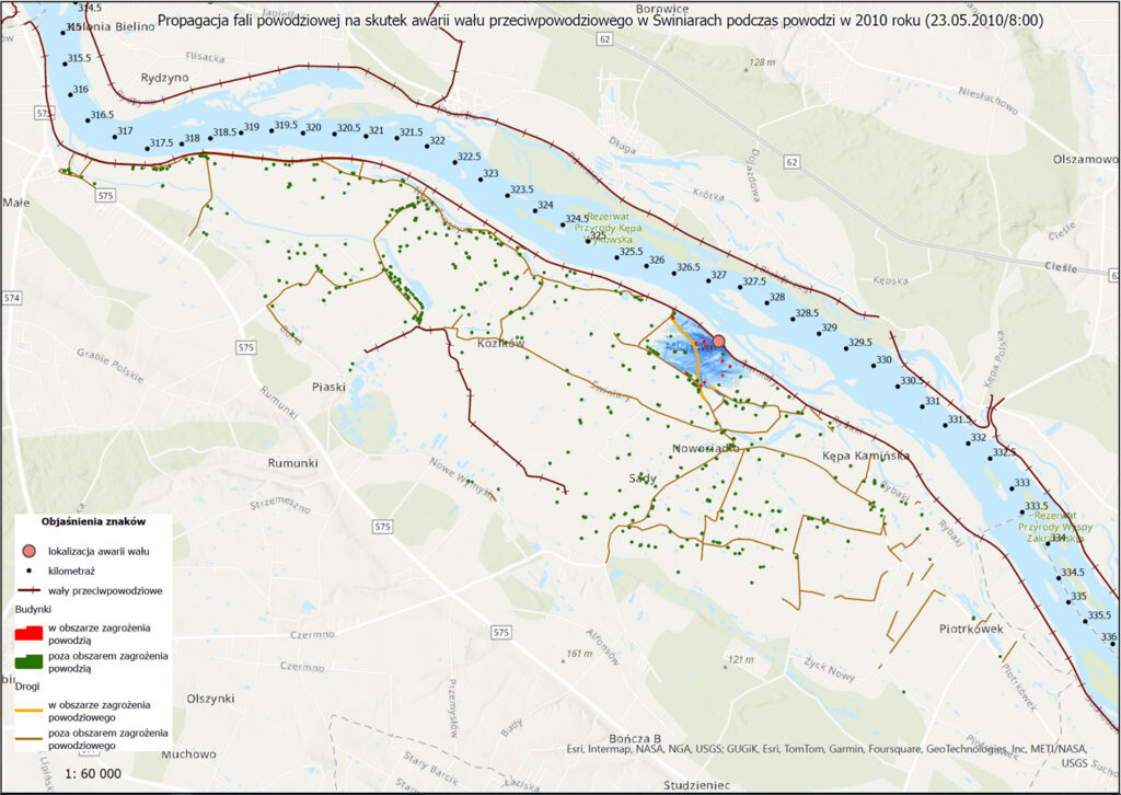 Wizualizacja propagacji fali powodziowej na skutek awarii wału przeciwpowodziowego w Świniarach podczas powodzi w 2010 roku – pierwszy krok czasowy, godz. 8:00, 23.05.