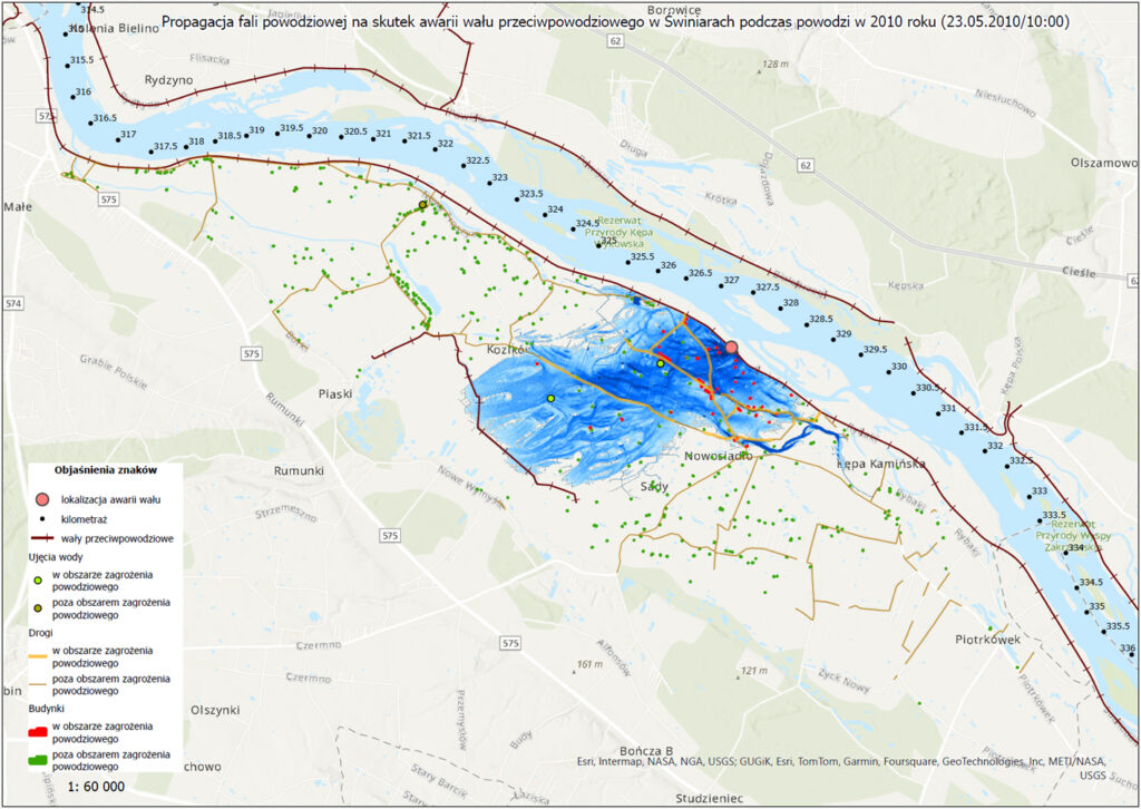 Wizualizacja propagacji fali powodziowej na skutek awarii wału przeciwpowodziowego w Świniarach podczas powodzi w 2010 roku – kolejny krok czasowy, godz. 10:00, 23.05.