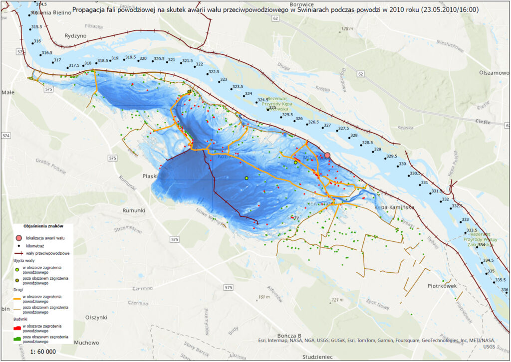 Wizualizacja propagacji fali powodziowej na skutek awarii wału przeciwpowodziowego w Świniarach podczas powodzi w 2010 roku – kolejny krok czasowy, godz. 16:00, 23.05.