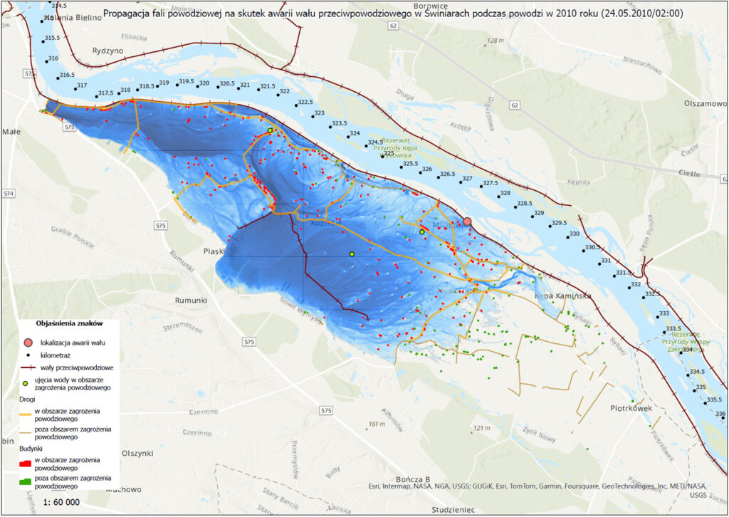 Wizualizacja propagacji fali powodziowej na skutek awarii wału przeciwpowodziowego w Świniarach podczas powodzi w 2010 roku – kolejny krok czasowy, godz. 2:00, 24.05.