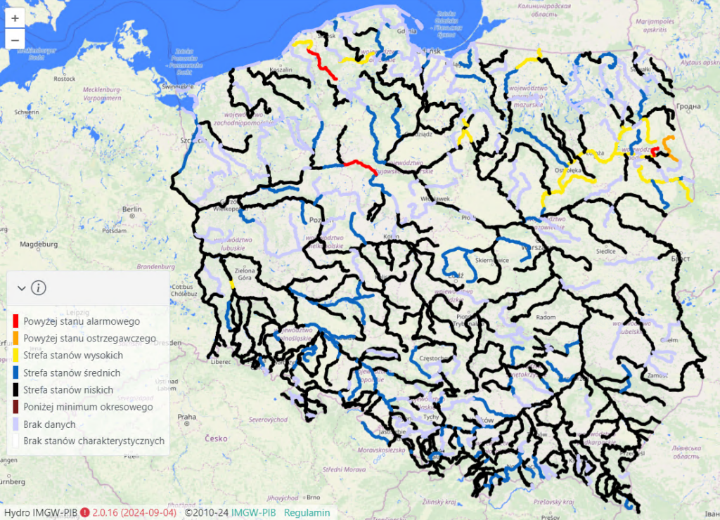 Eksperymentalna hydrologiczna prognoza długoterminowa dla okresu 07.10.2024 – 13.10.2024 – najbardziej prawdopodobna strefa stanu wody.