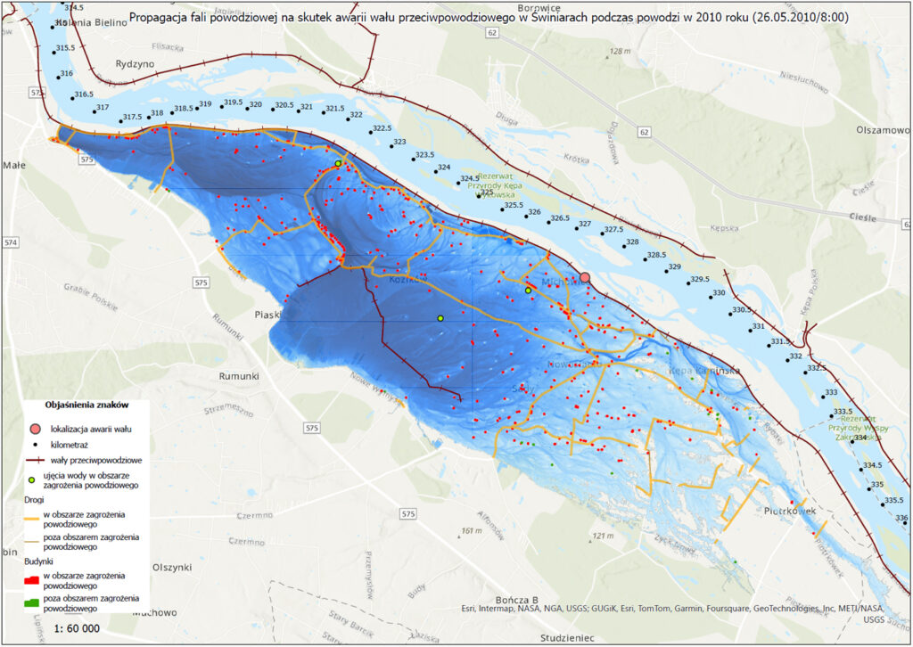 Wizualizacja propagacji fali powodziowej na skutek awarii wału przeciwpowodziowego w Świniarach podczas powodzi w 2010 roku – kolejny krok czasowy, godz. 8:00, 26.05.