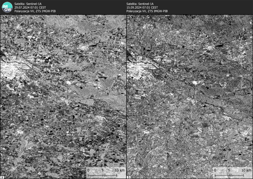 Przykładowe zobrazowanie z satelity Sentinel-1 dla południowo-wschodniej Polski w dwóch okresach: podczas długotrwałej suszy (po lewej) oraz po opadach deszczu (po prawej). Widać dużą liczbę pól charakteryzujących się niskim sygnałem (w kolorze czarnym), podobnym jak w przypadku jezior i rzek. Nie są to jednak tereny pokryte wodą, a obszary świeżo skoszonych lub zaoranych pól uprawnych. Zarówno algorytmy komputerowe, jak i ludzie mają trudności z prawidłową interpretacją takich obszarów i rozróżnianiem ich od terenów zalanych wodą.