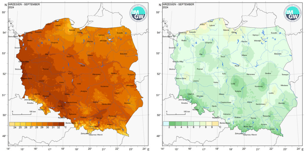 Przestrzenny rozkład wartości kwantyla 95% maksymalnej temperatury powietrza (po lewej) i kwantyla 5% minimalnej temperatury powietrza (po prawej) we wrześniu 2024 r.