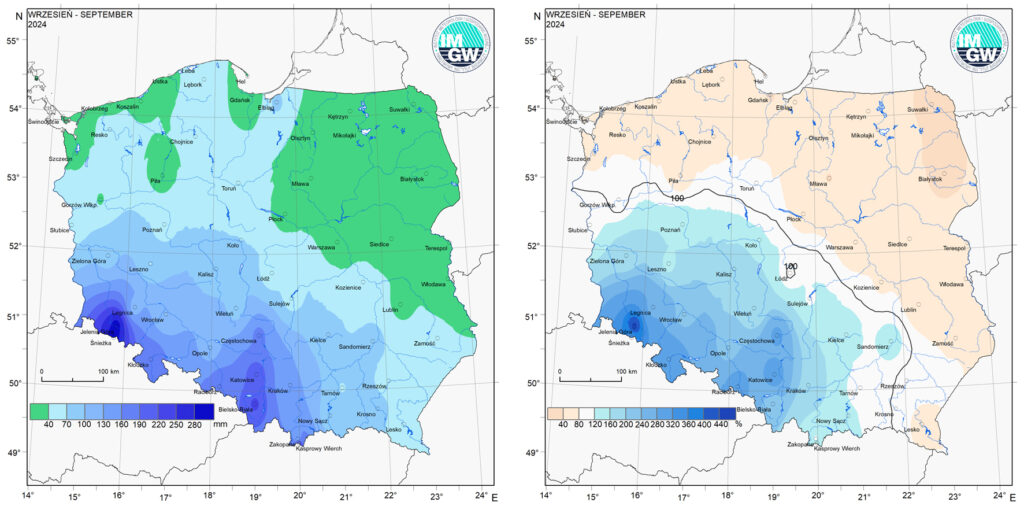 Przestrzenny rozkład miesięcznej sumy opadów we wrześniu 2024 r. oraz przestrzenny rozkład anomalii sumy opadów w stosunku do normy (tj. średniej miesięcznej wartości wieloletniej elementu w okresie 1991-2020).