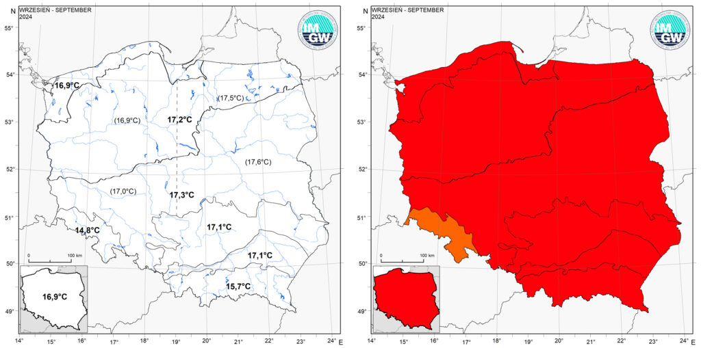 Wartości średniej obszarowej temperatury powietrza oraz klasyfikacja termiczna we wrześniu 2024 r. w poszczególnych regionach klimatycznych Polski.