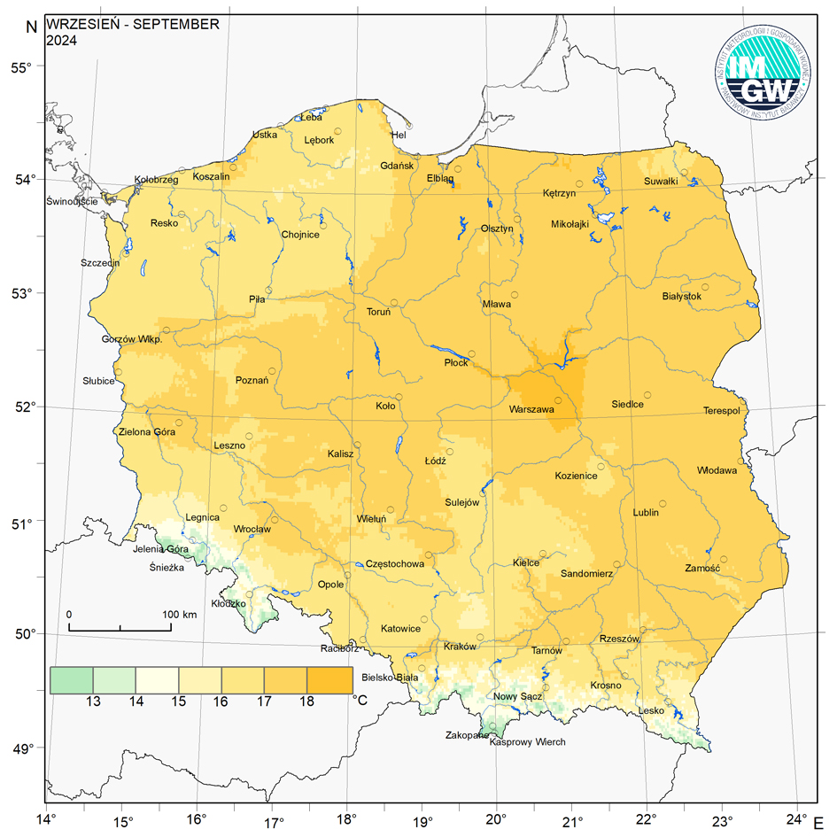 Przestrzenny rozkład średniej miesięcznej temperatury powietrza we wrześniu 2024 r.