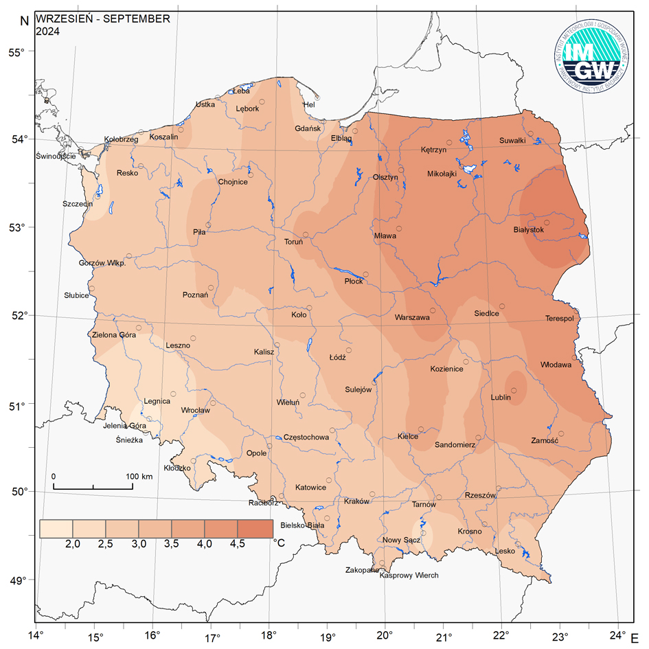 Przestrzenny rozkład anomalii średniej miesięcznej temperatury powietrza we wrześniu 2024 r. w stosunku do normy (tj. średniej miesięcznej wartości wieloletniej elementu w okresie 1991-2020).