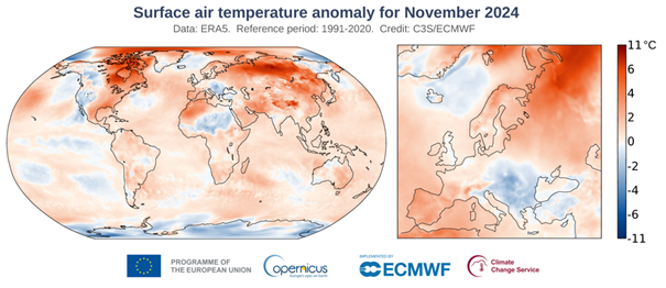 Anomalia temperatury powietrza przy powierzchni ziemi w listopadzie 2024 r. w stosunku do średniej z okresu 1991-2020. Źródło: Copernicus Climate Change Service/ECMW.