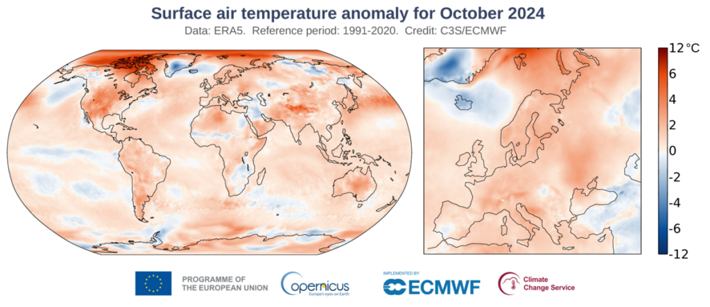 Anomalia temperatury powietrza przy powierzchni ziemi w październiku 2024 r. w stosunku do średniej z okresu 1991-2020. Źródło: Copernicus Climate Change Service/ECMW.