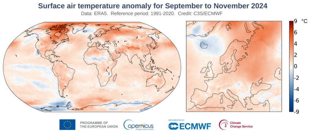 Anomalia temperatury powietrza przy powierzchni ziemi jesienią 2024 r. w stosunku do średniej z okresu 1991–2020. Źródło: Copernicus Climate Change Service/ECMW.