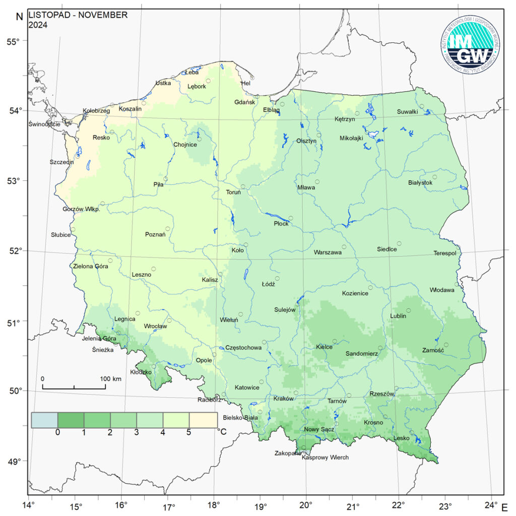 Przestrzenny rozkład średniej miesięcznej temperatury powietrza w listopadzie 2024 r.