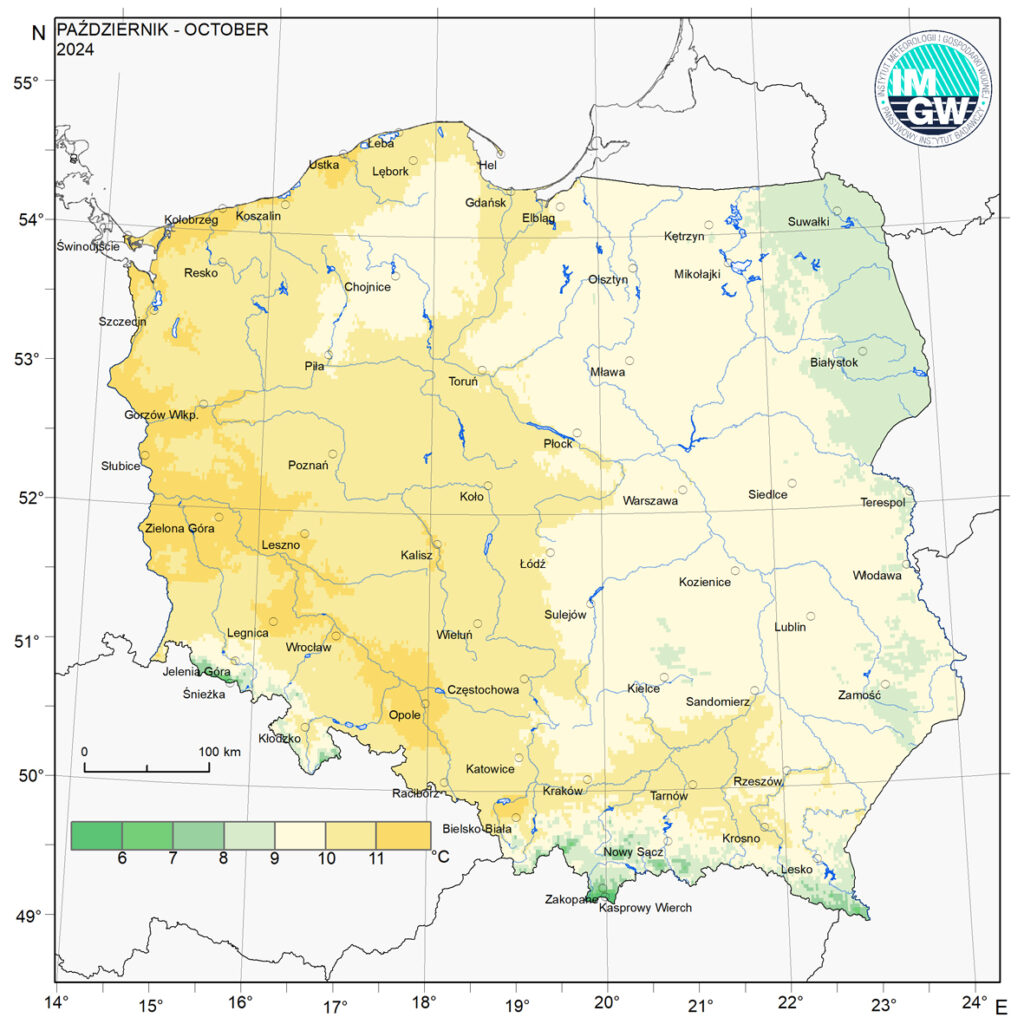 Przestrzenny rozkład średniej miesięcznej temperatury powietrza w październiku 2024 r.