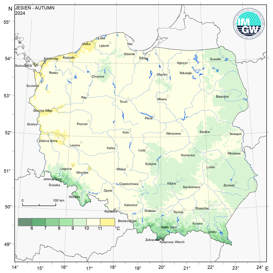 Przestrzenny rozkład średniej miesięcznej temperatury powietrza jesienią 2024 r.