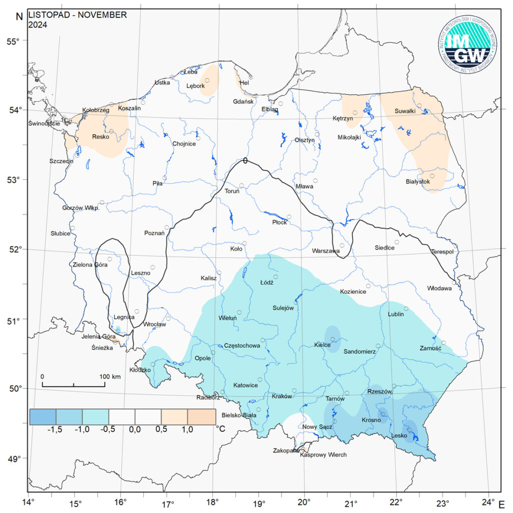 Przestrzenny rozkład anomalii średniej miesięcznej temperatury powietrza w listopadzie 2024 r. w stosunku do normy (tj. średniej miesięcznej wartości wieloletniej elementu w okresie 1991-2020).