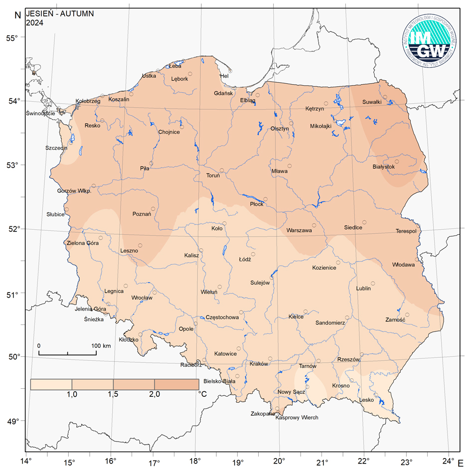 Przestrzenny rozkład anomalii średniej miesięcznej temperatury powietrza jesienią 2024 r. w stosunku do normy (tj. średniej miesięcznej wartości wieloletniej elementu w okresie 1991-2020).