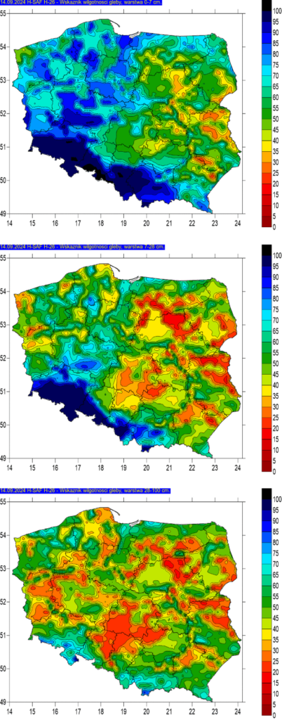 Przykładowe mapy wilgotności gleby na trzech poziomach w dniu 14.09.2024 r. Na grafikach można zauważyć, że pierwsze dwie warstwy gleby (0-7 cm – górny panel, oraz 7-26 cm – środkowy panel) szybko reagują na występowanie opadów i przedstawiają wysokie wartości wskaźnika. Z kolei w warstwie gleby o głębokości 28-100 cm (dolny panel) zmiany zachodzą ze znacznym opóźnieniem.