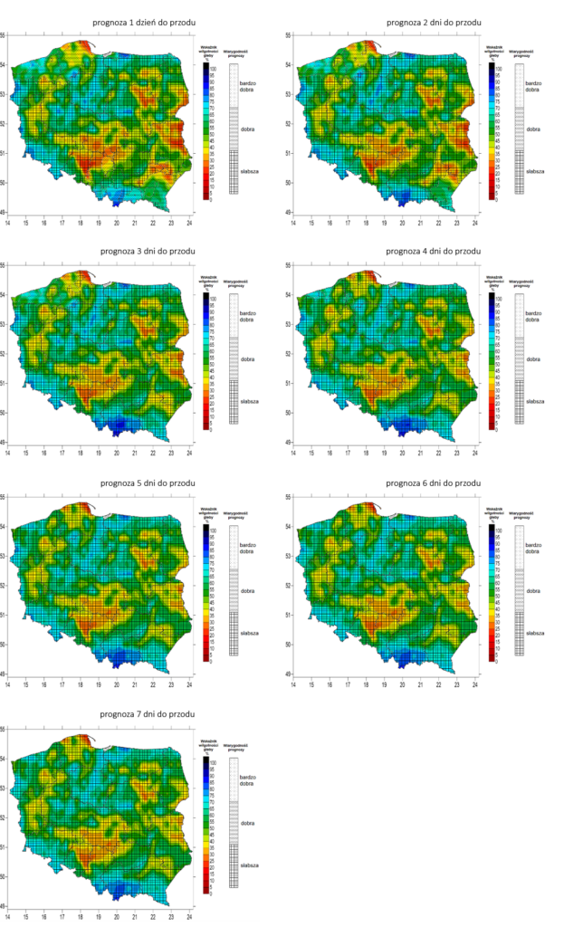 Przykładowa 7-dniowa prognoza wilgotności gleby od dnia 01.06.2024 r. w warstwie 7-28 cm.