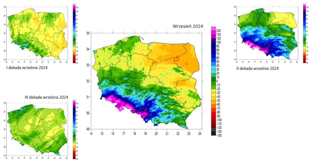 Przykładowe mapy KWB dla września 2024 r. Nie ma jednolitych progów KBW oznaczających suszę, ponieważ różnią się one w zależności od celu analizy, a także od rodzaju gleby, gatunku uprawianej rośliny oraz stopnia jej rozwoju. Wartości miesięczne poniżej 50 mm mogą wskazywać na suszę, natomiast dodatnim KBW odznaczają się obszary, które charakteryzują się nadmiarem opadów w stosunku do parowania. Na mapach możliwe jest wystąpienie artefaktów, które są wynikiem wykorzystywania pomiarów radarowych. 