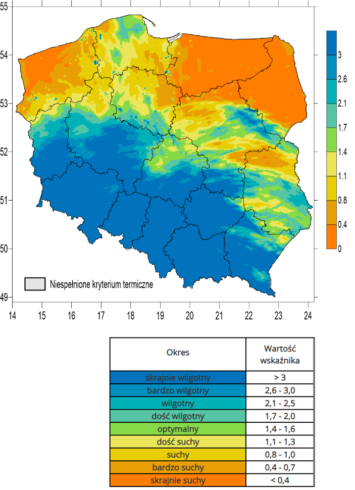 Przykładowa mapa wskaźnika hydrotermicznego HTC z drugiej dekady września (11-20.09) 2024 r. 