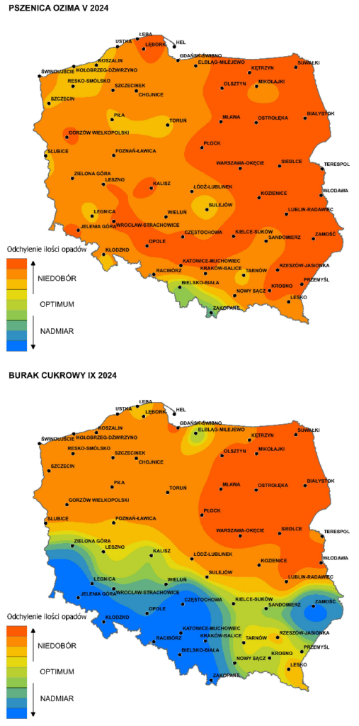 Przykładowe mapy przedstawiające zaspokojenie roślin na wodę.