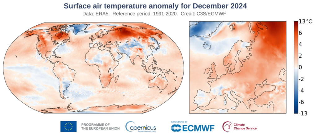 Anomalia temperatury powietrza przy powierzchni ziemi w grudniu 2024 r. w stosunku do średniej z okresu 1991-2020. Źródło: Copernicus Climate Change Service/ECMW.