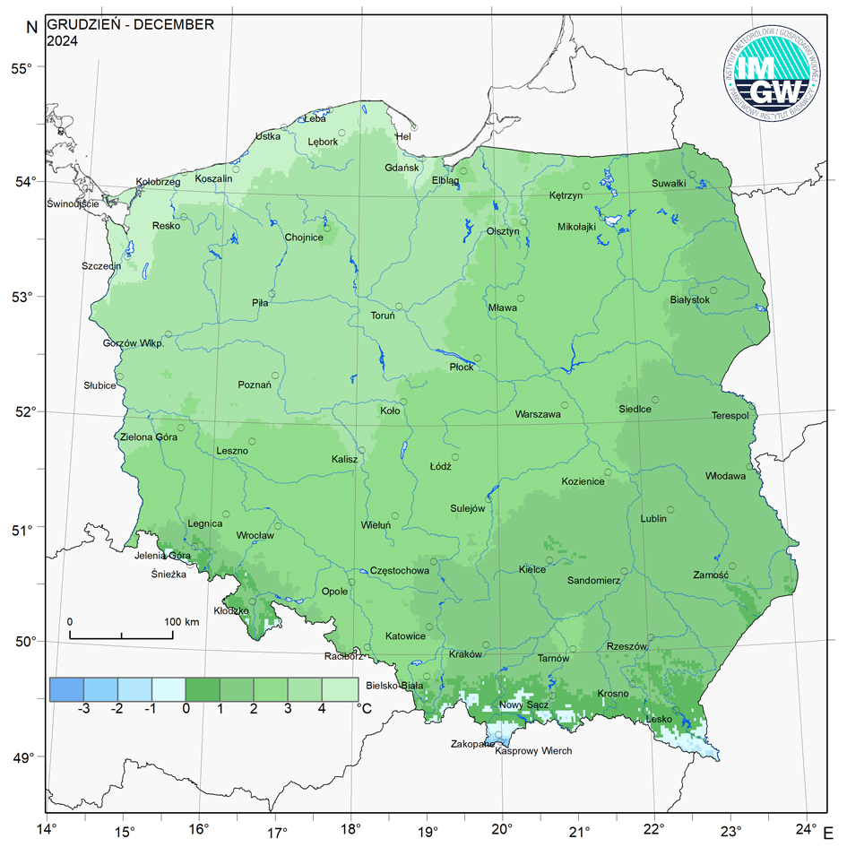 Przestrzenny rozkład średniej miesięcznej temperatury powietrza w grudniu 2024 r.