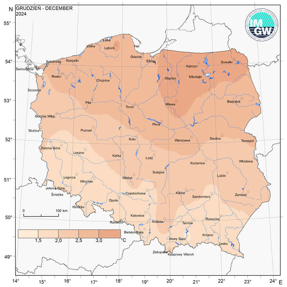 Przestrzenny rozkład anomalii średniej miesięcznej temperatury powietrza w grudniu 2024 r. w stosunku do normy (tj. średniej miesięcznej wartości wieloletniej elementu w okresie 1991-2020).