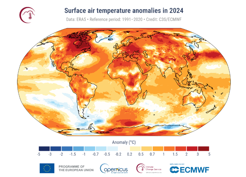 Anomalie temperatury powietrza przy powierzchni w 2024 r. w odniesieniu do średniej z okresu 1991-2020. Źródło danych: ERA5. Źródło: C3S/ECMWF.