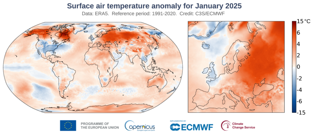 Anomalia temperatury powietrza przy powierzchni ziemi w styczniu 2025 r. w stosunku do średniej z okresu 1991-2020. Źródło: Copernicus Climate Change Service/ECMW.