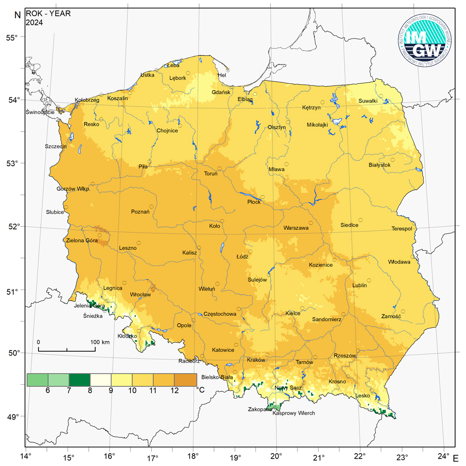 Przestrzenny rozkład średniej rocznej temperatury powietrza w 2024 r.