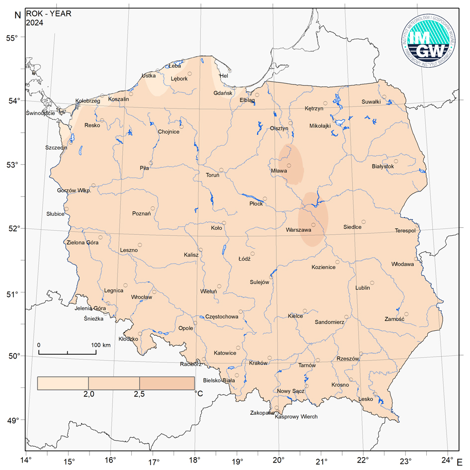 Przestrzenny rozkład anomalii średniej rocznej temperatury powietrza w 2024 r. w stosunku do normy (tj. średniej wartości wieloletniej elementu w okresie 1991-2020).