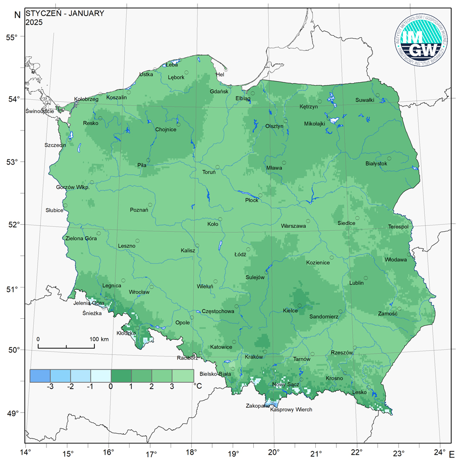 Przestrzenny rozkład średniej miesięcznej temperatury powietrza w styczniu 2024 r.