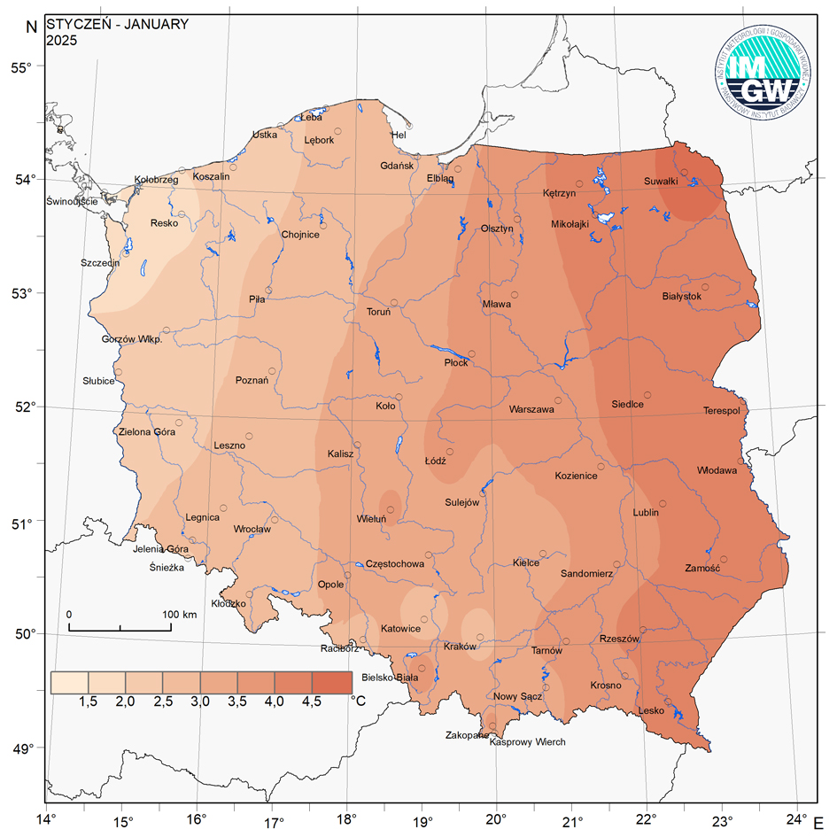 Przestrzenny rozkład anomalii średniej miesięcznej temperatury powietrza w styczniu 2024 r. w stosunku do normy (tj. średniej miesięcznej wartości wieloletniej elementu w okresie 1991-2020).