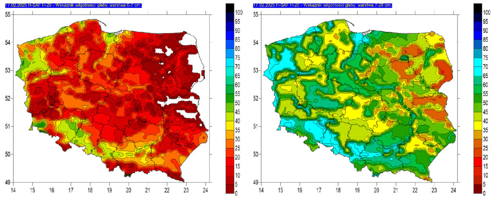 Mapa wilgotności gleby z dnia 17.02.2025 r. – po lewej stronie warstwa 0-7 cm po prawej 7-28 cm. Niskie wartości na lewej mapie intuicyjnie wskazują na wysoki deficyt wilgotności, natomiast w rzeczywistości jest to wynik zamarznięcia wody w glebie!