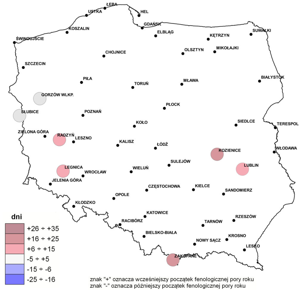 Mapa odchyleń w dniach daty początku zarania wiosny 2025 r. dla wybranych stacji synoptycznych.