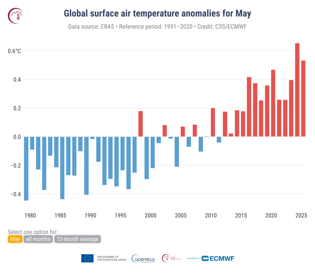 Anomalie średniej przypowierzchniowej temperatury powietrza na świecie dla maja w odniesieniu do lat 1991-2020. Źródło danych: ERA5. Źródło: C3S/ECMWF.