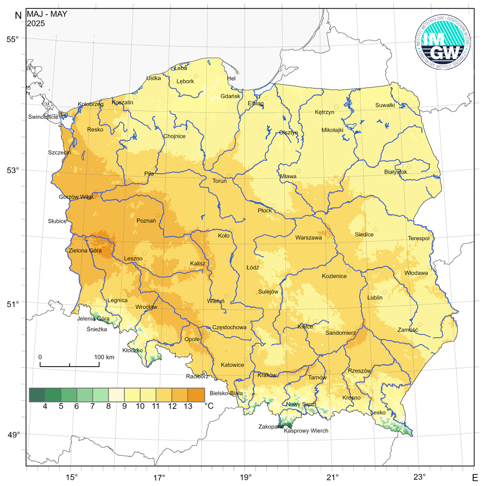 Przestrzenny rozkład średniej miesięcznej temperatury powietrza w maju 2025 r.