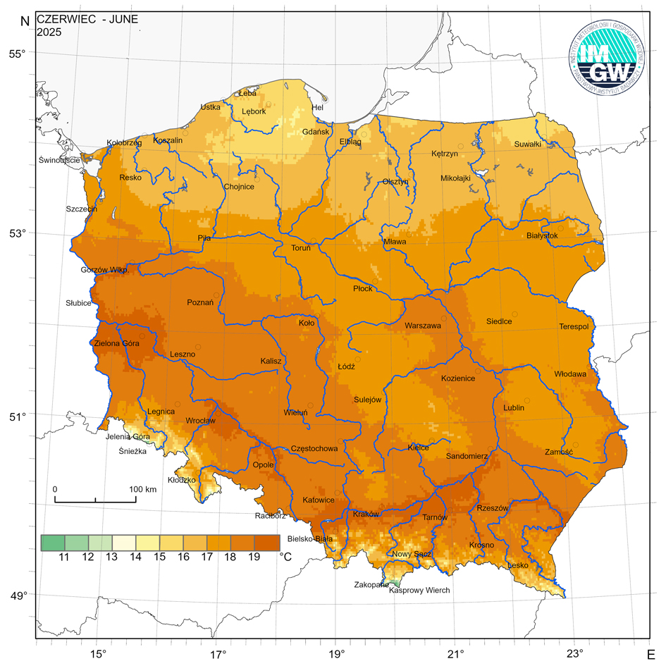 Przestrzenny rozkład średniej miesięcznej temperatury powietrza w czerwcu 2025 r.