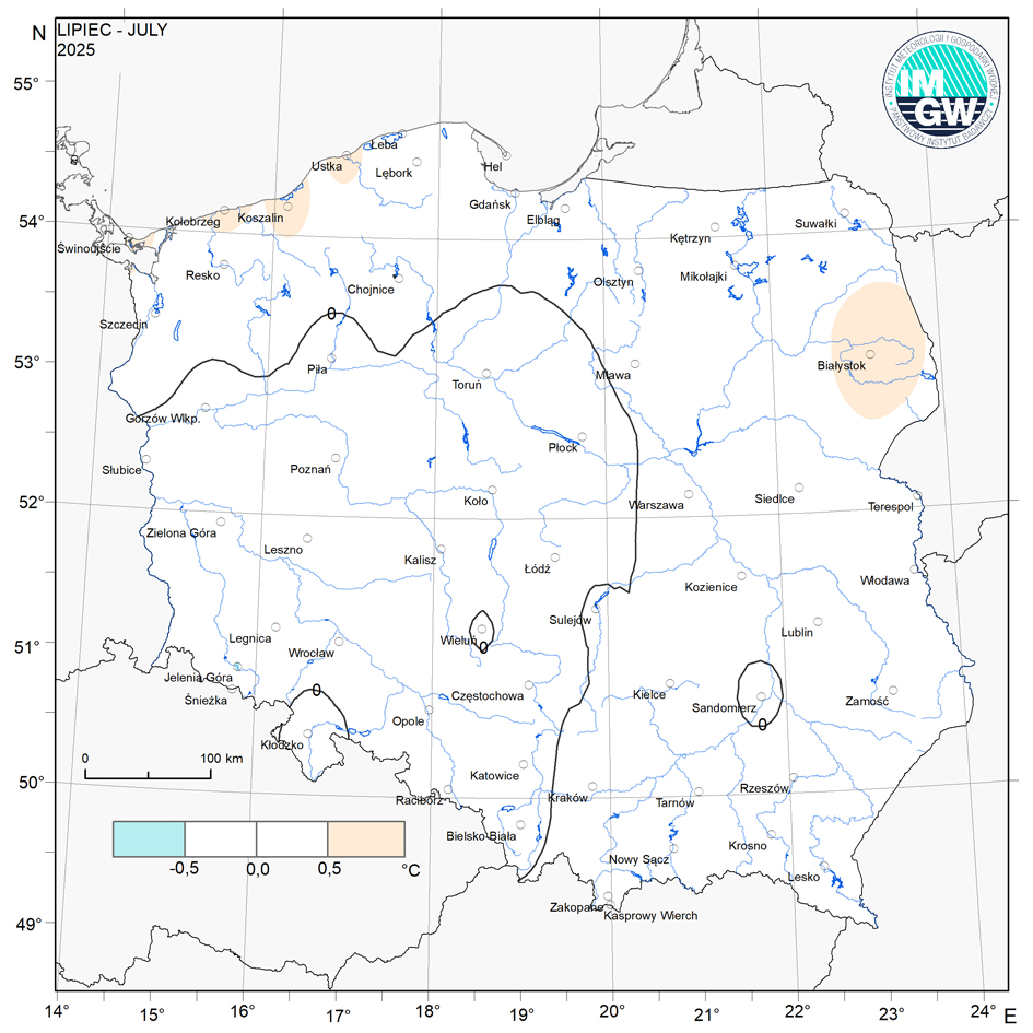 Przestrzenny rozkład anomalii średniej miesięcznej temperatury powietrza w lipcu 2025 r. w stosunku do normy (tj. średniej miesięcznej wartości wieloletniej elementu w okresie 1991-2020).