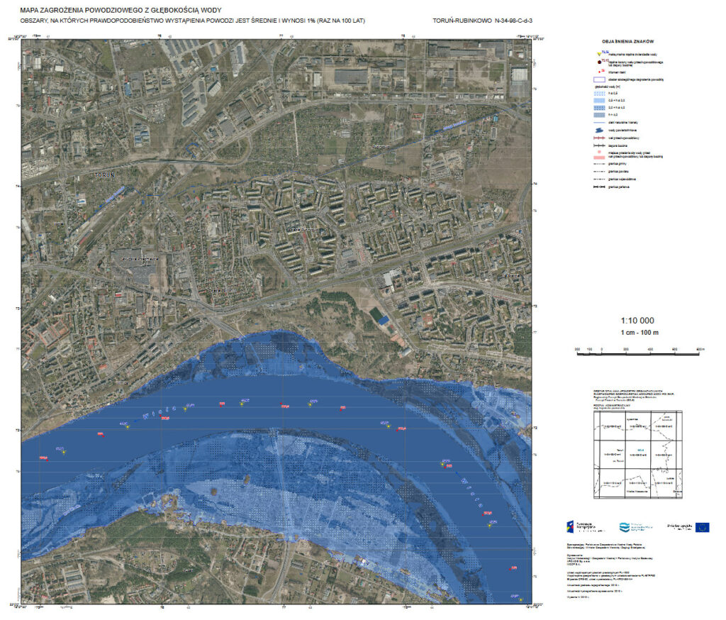 Mapa zagrożenia powodziowego z głębokością wody, Toruń, rzeka Wisła. Źródło: https://wody.isok.gov.pl/imap_kzgw/?gpmap=gpPDF.