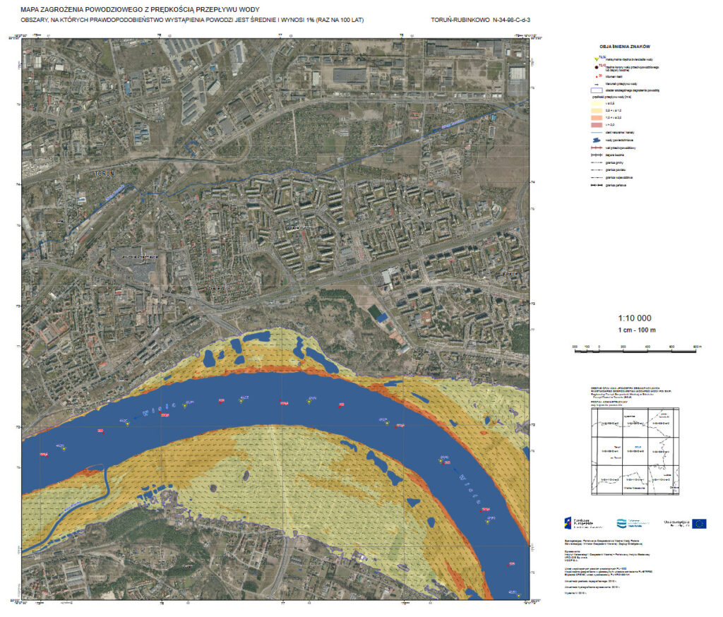 Mapa zagrożenia powodziowego z prędkością wody, Toruń, rzeka Wisła. Źródło: https://wody.isok.gov.pl/imap_kzgw/?gpmap=gpPDF.