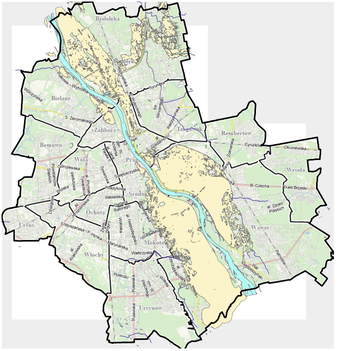 Mapa zagrożenia powodziowego m.st. Warszawy w sytuacji zniszczenia lub uszkodzenia wału przeciwpowo-dziowego podczas wystąpienia powodzi raz na 100 lat (1%). Źródło: Plan Zarządzania Kryzysowego miasta Warszawa.