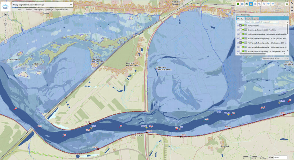 Małkinia Górna – fragment obszarów szczególnego zagrożenia powodzią. Źródło: Hydroportal – ISOK.