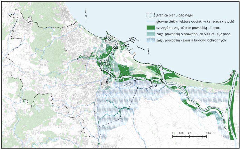 Zagrożenie powodziowe (od rzek oraz od strony morza) w granicach planu ogólnego gminy Gdańsk. Źródło: Opracowanie ekofizjograficzne podstawowe do planu ogólnego miasta Gdańska. Wskazane w opracowaniu obszary podlegają zakazom i ograniczeniom związanym z zabudową, zapisanym w ustawie Prawo wodne. Na terenach zagrożonych powodzią w wyniku awarii budowli ochronnych i jednocześnie użytkowanych rolniczo rekomenduje się zachowanie funkcji rolniczej poprzez włączenie tych terenów do strefy produkcji rolniczej lub strefy otwartej (obszary, które będą chronione przed rozwojem zabudowy: lasy, zieleń naturalna itp.).