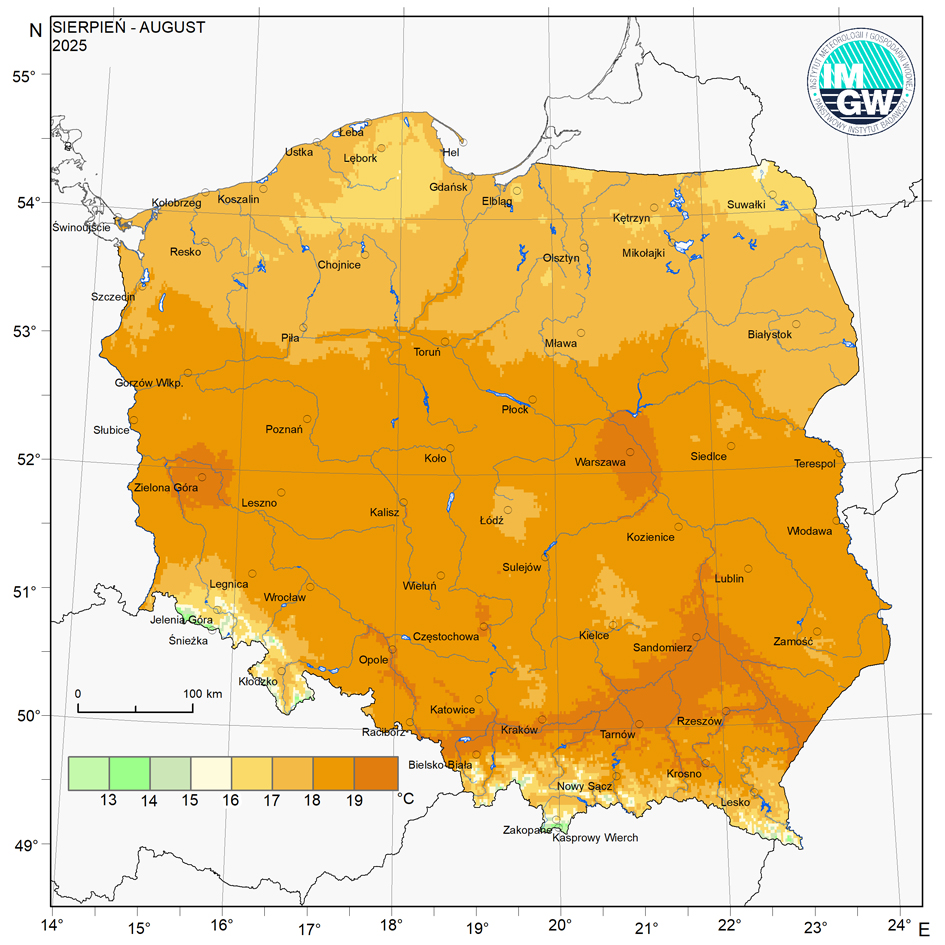Przestrzenny rozkład średniej miesięcznej temperatury powietrza w sierpniu 2025 r.