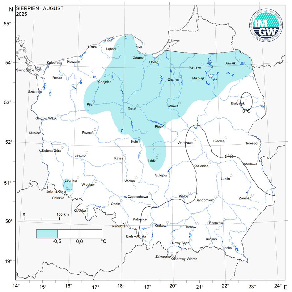 Przestrzenny rozkład anomalii średniej miesięcznej temperatury powietrza w sierpniu 2025 r. w stosunku do normy (tj. średniej miesięcznej wartości wieloletniej elementu w okresie 1991-2020).