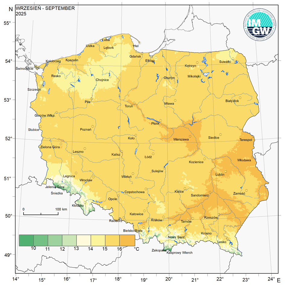 Przestrzenny rozkład średniej miesięcznej temperatury powietrza we wrześniu 2025 r.