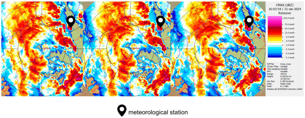 Obrazy radarowe ze stacji radarowej w Rzeszowie z dnia 21 sierpnia 2024 r. przedstawiające prawie stacjonarny układ konwekcyjny nad Zamościem.
